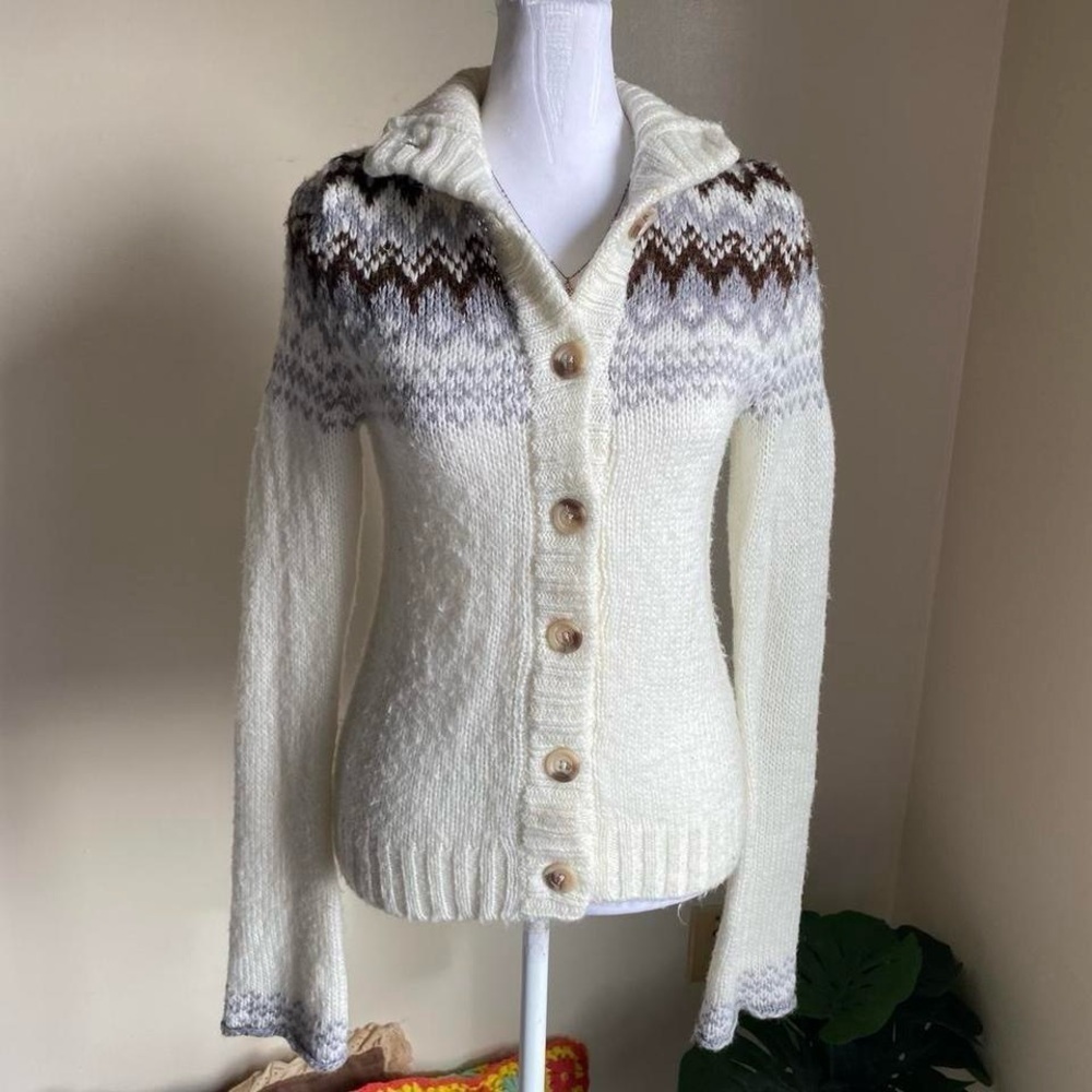 Y2K fuzzy white fair isle cardigan - Picture 6 of 8